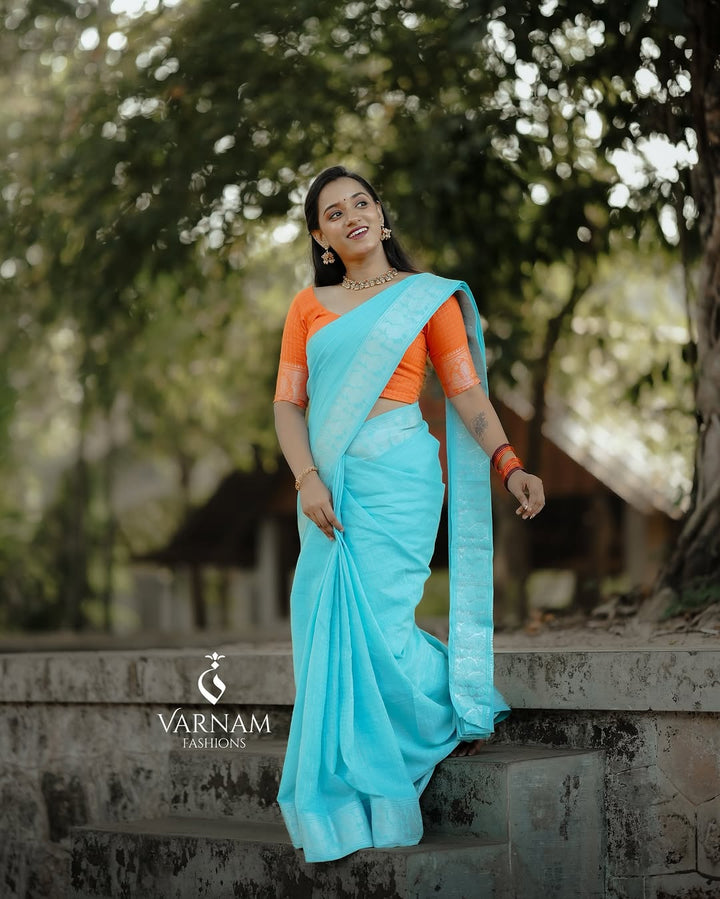 Skyblue Silver Zari Kattam Sungudi Cotton Saree