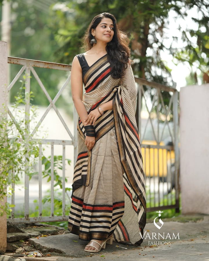 Handblock Printed Cream Maheshwari Cotton Silk Saree
