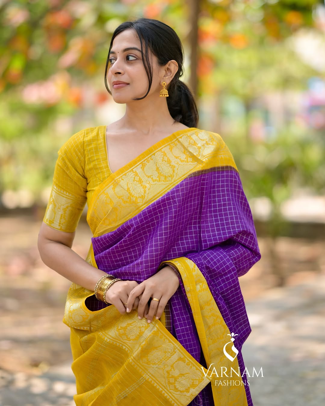 Purple With Mustard Silver Zari Kattam Sungudi Cotton Saree
