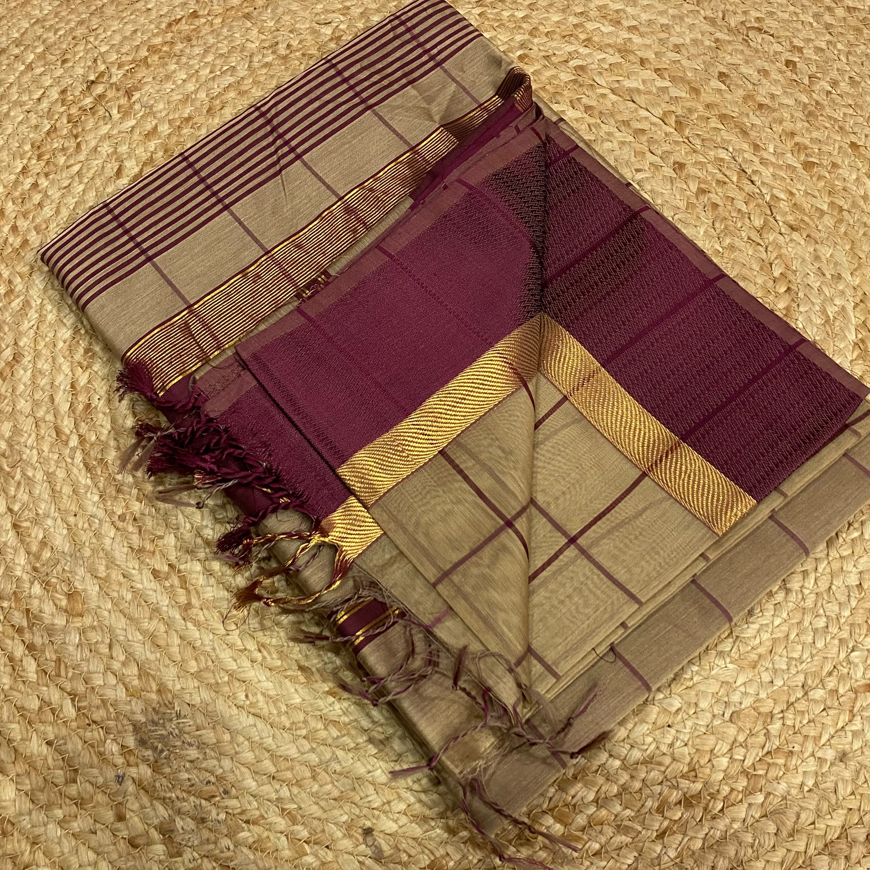 Beige With Wine Maheshwari Silk Cotton Saree
