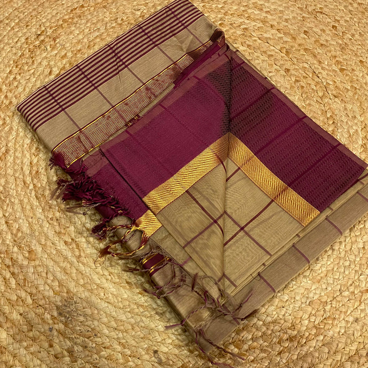 Beige With Wine Maheshwari Silk Cotton Saree