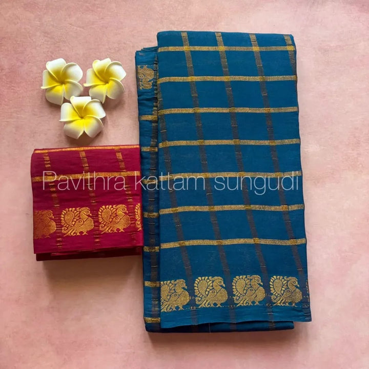 Peacock Blue Pavithra Kattam Sungudi Cotton Saree