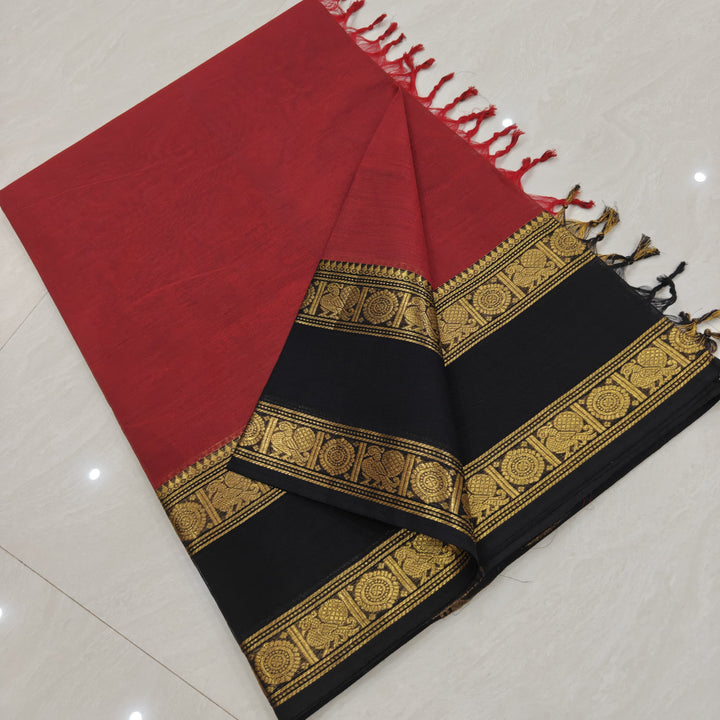 Red Kanchi Cotton Plain Saree