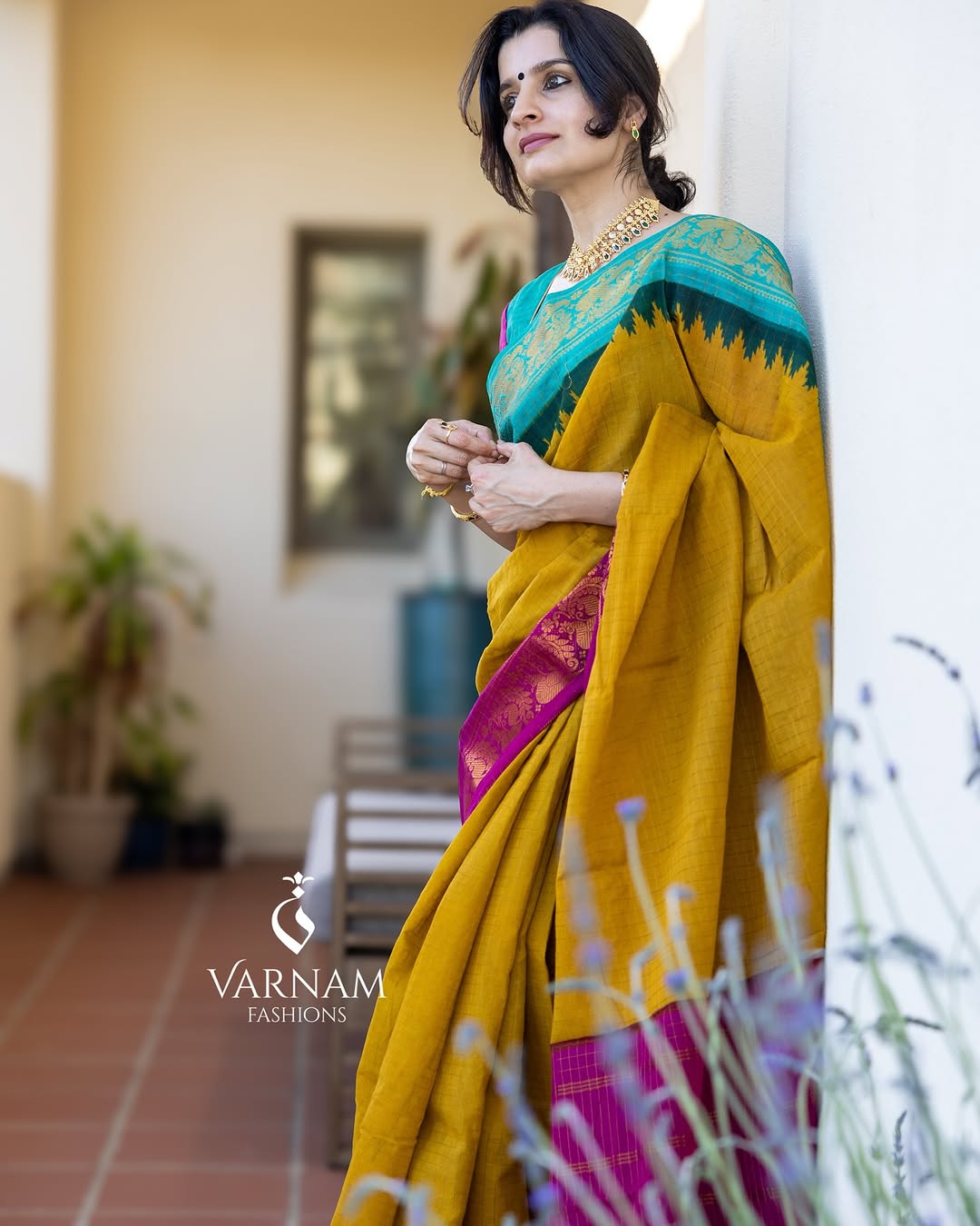 Mustard Sungudi Cotton Saree With Pink & Ramagreen Ganga Jamuna Border