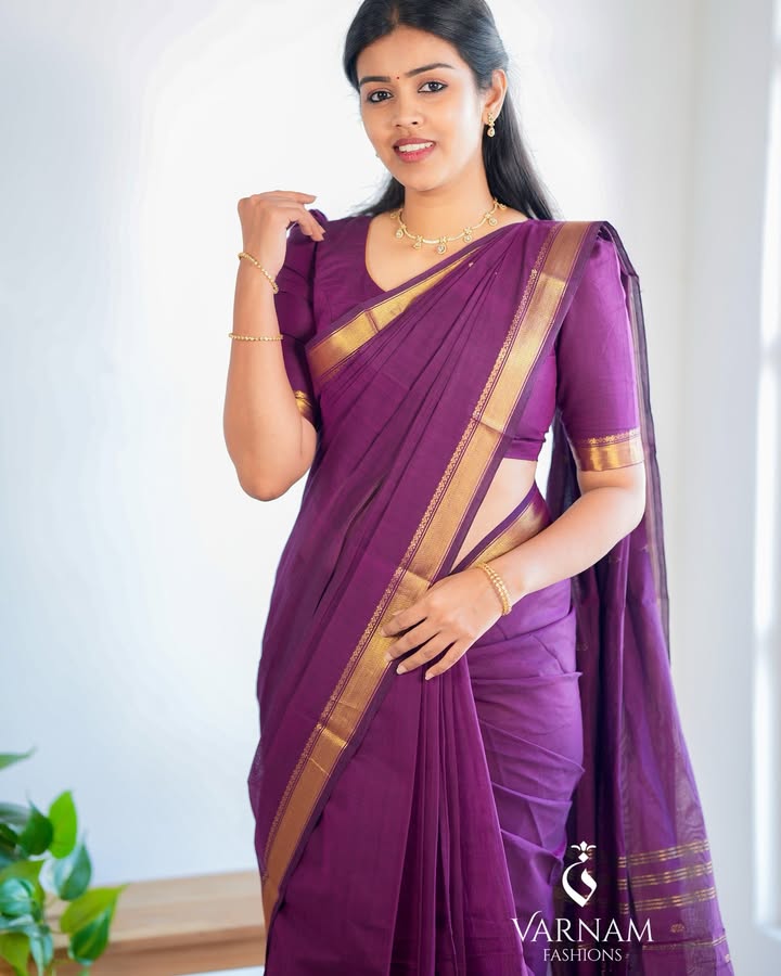 Purple With Small Zari Border Kanchi Cotton Saree