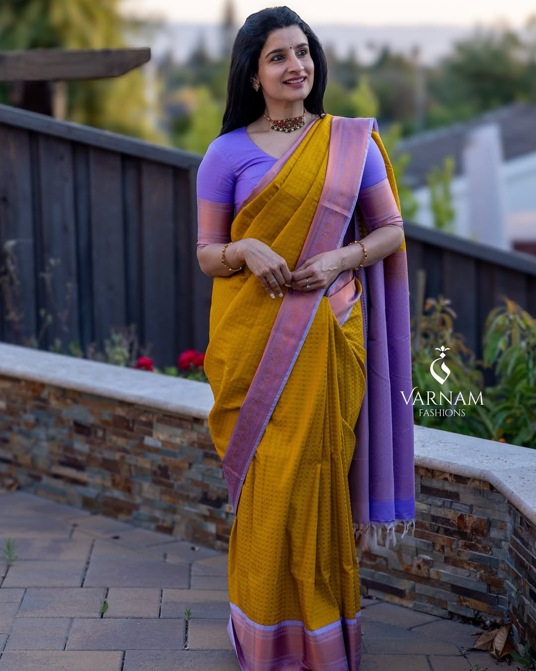 Yellow With Lavender Premium Semi Kanchi Silk Saree