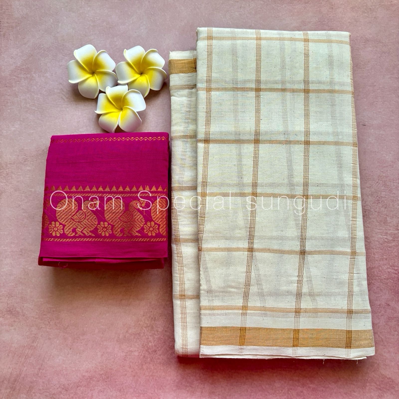 Onam Halfwhite Vanaja Kattam Sungudi Cotton Saree