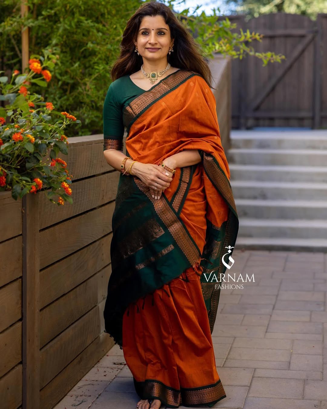 Orange With Green Butta Kalyani Cotton Saree