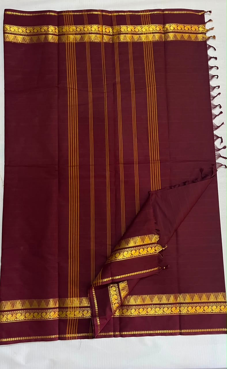 Maroon Kanchi Cotton Saree With Peacock Tower Border