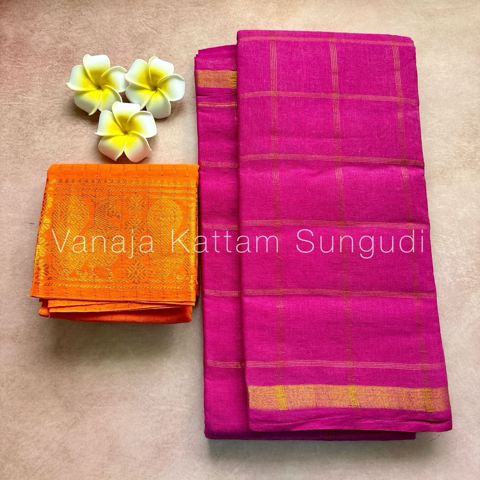 Pink Vanaja Kattam Sungudi Cotton Saree