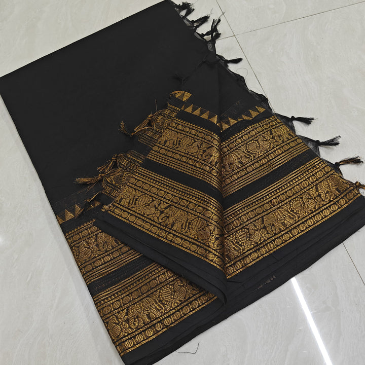 Black Plain Kanchi Cotton Saree