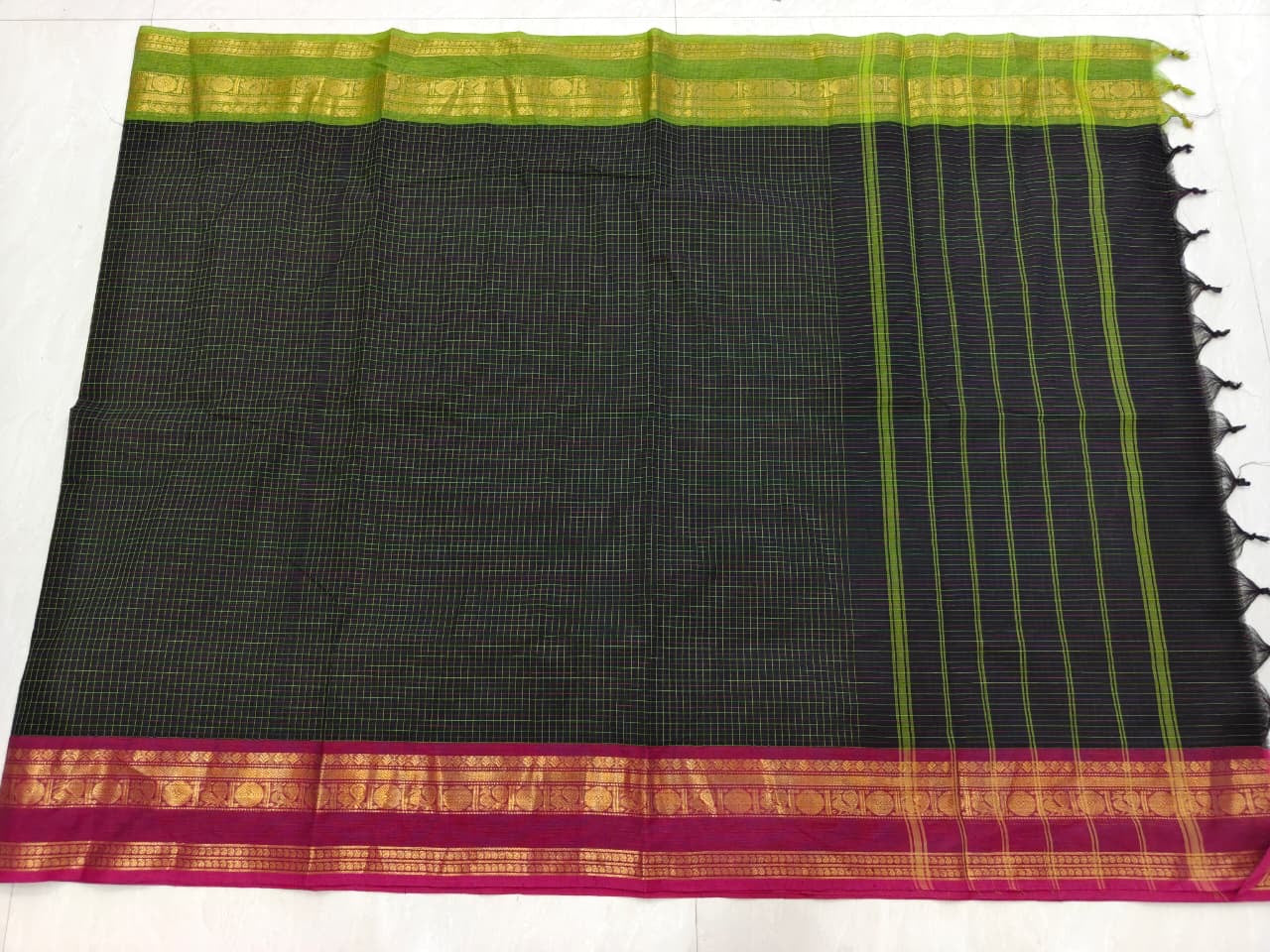 Black Ganga Jamuna Kanchi Cotton Saree with Green and Pink Border