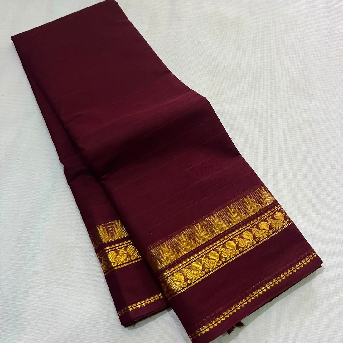 Maroon Kanchi Cotton Saree With Peacock Tower Border