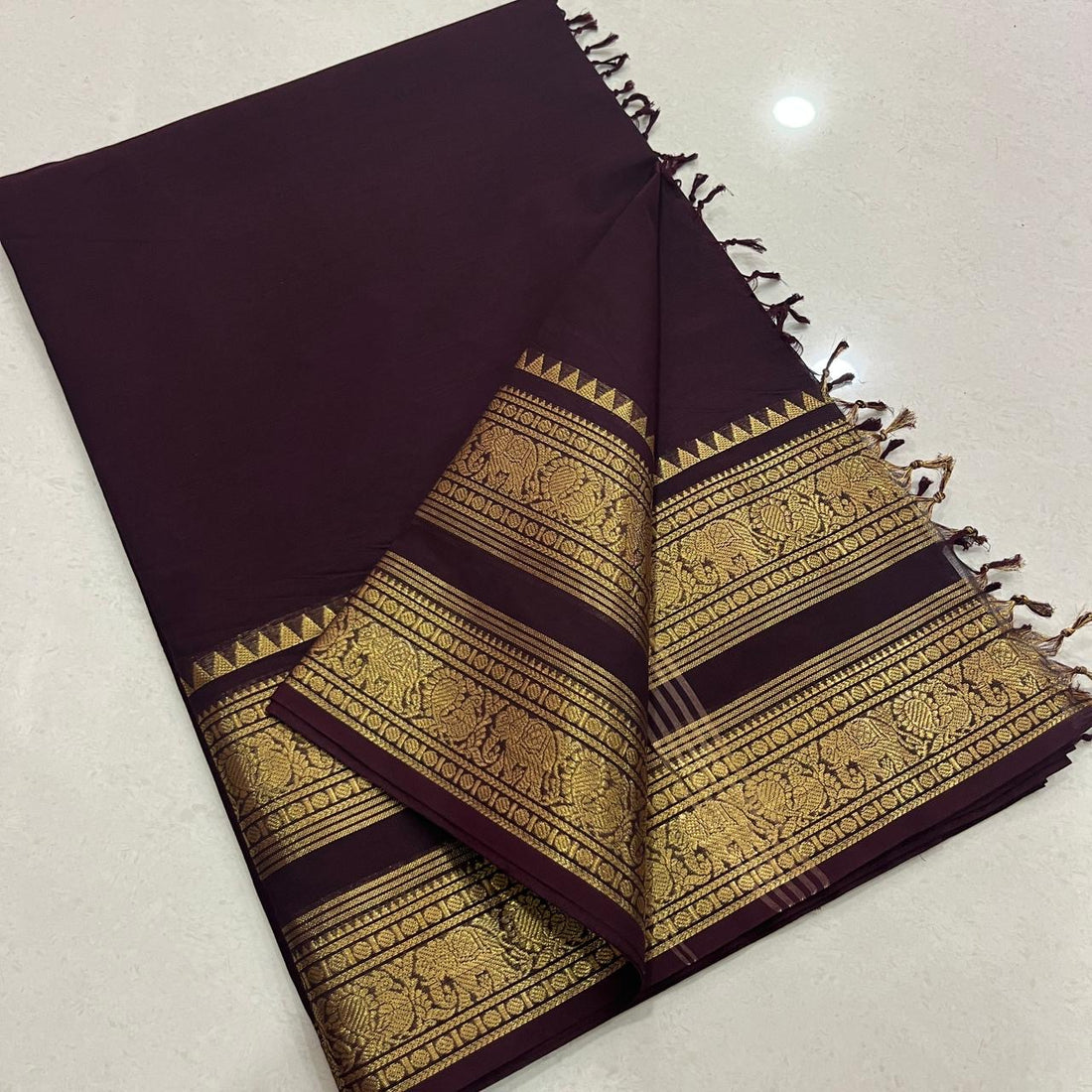 Brown Kanchi Cotton Saree With One Side Long Border
