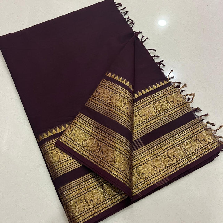 Brown Kanchi Cotton Saree With One Side Long Border