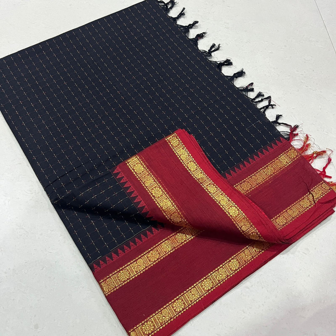 Black With Red Kanchi Cotton Saree
