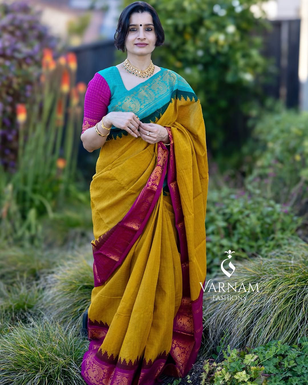 Mustard Sungudi Cotton Saree With Pink & Ramagreen Ganga Jamuna Border