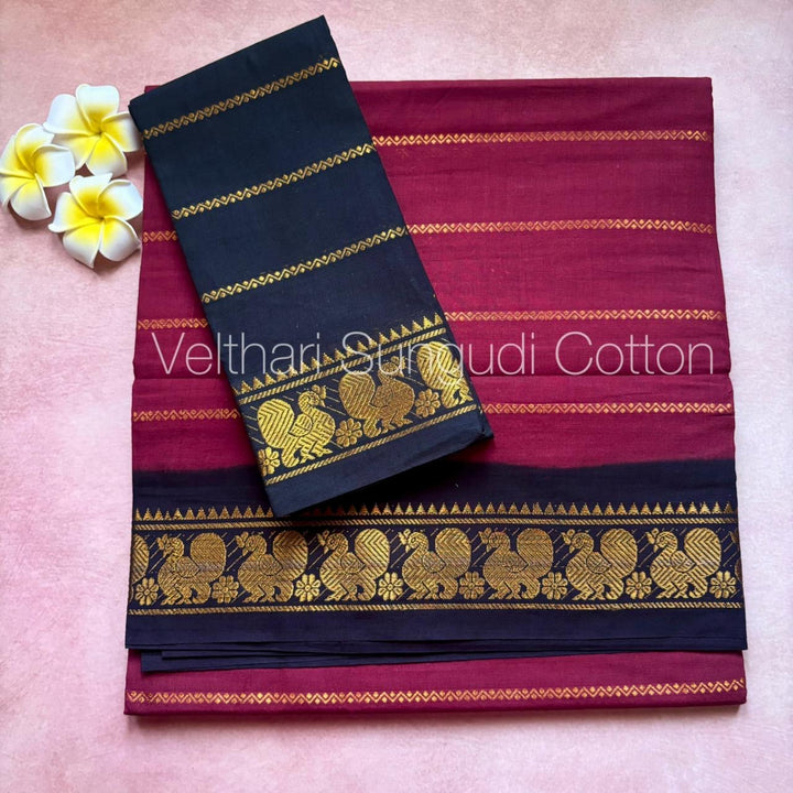 Brown and Black Velthari Sungudi Cotton Saree