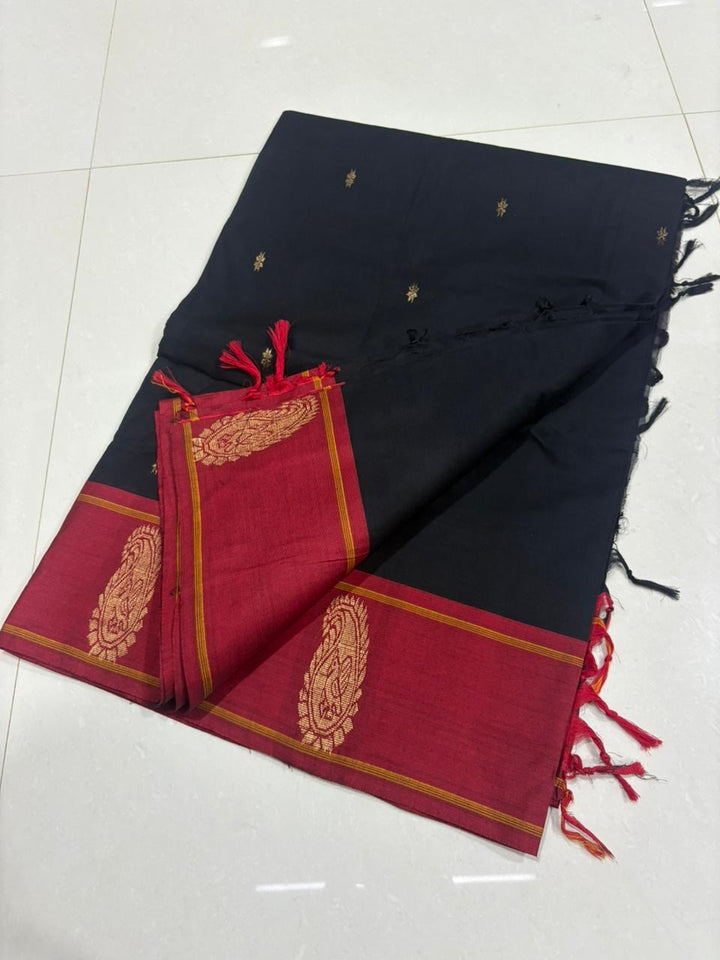 Black With Red Butta Kanchi Cotton Saree
