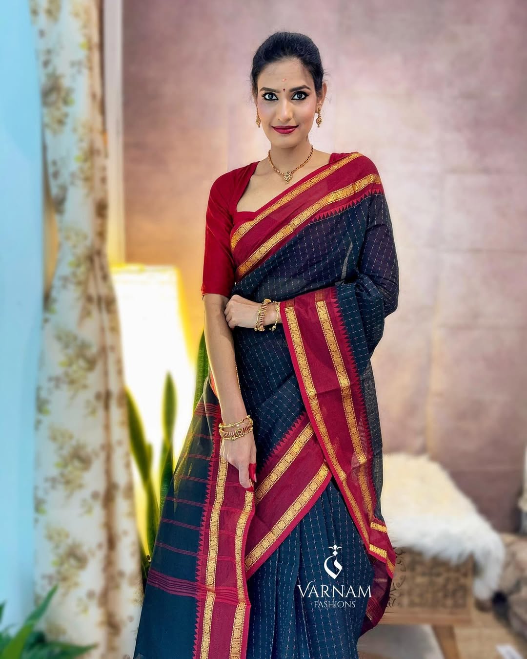 Black With Red Kanchi Cotton Saree