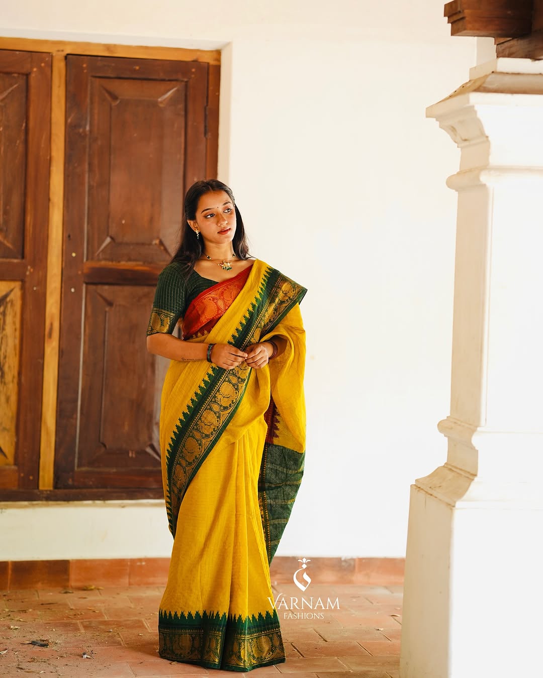 Mustard Ganga Jamuna Sungudi Cotton Saree