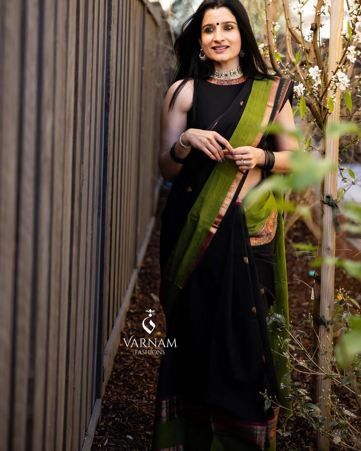 Black With Green Rich Pallu Kanchi Cotton Saree