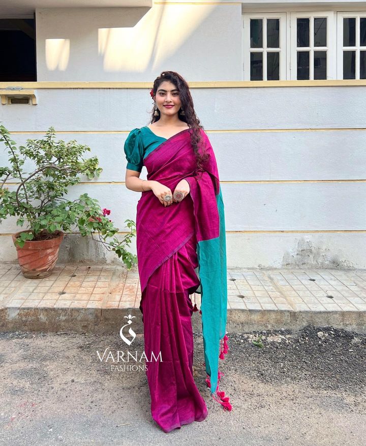 Pink With Seagreen Khadi Cotton Saree