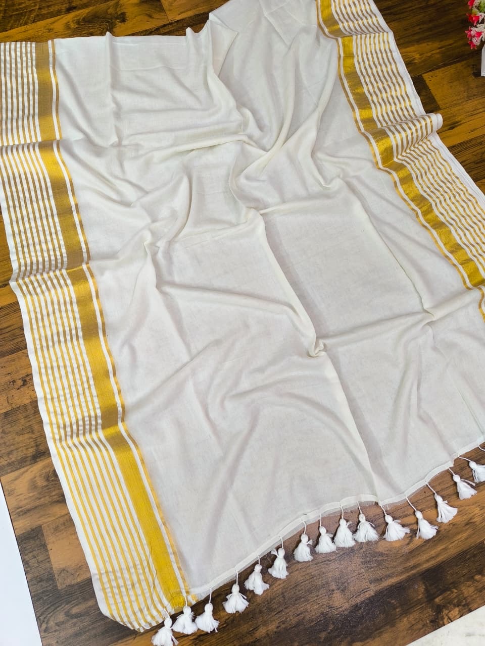 Onam Halfwhite Mul Cotton Saree With Golden Zari Border