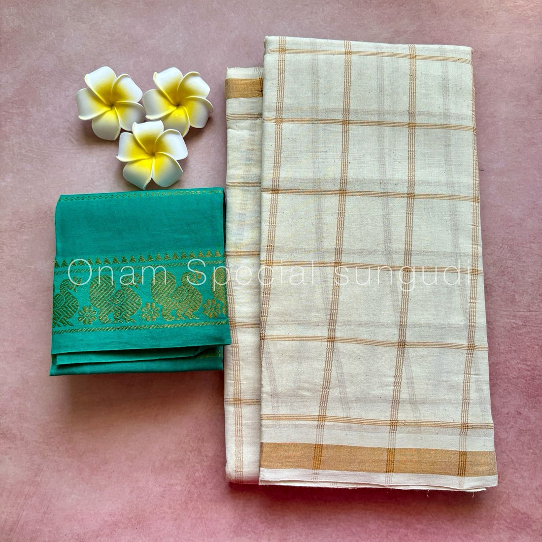Onam Halfwhite Vanaja Kattam Sungudi Cotton Saree