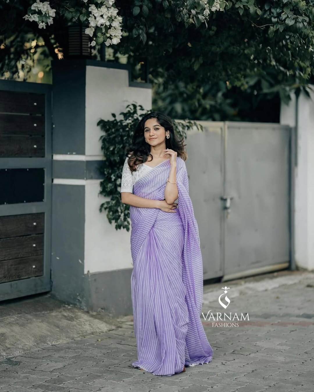 Purple Mul Cotton Stripes Saree