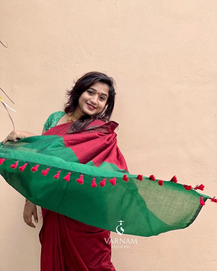 Red With Green Khadi Cotton Saree