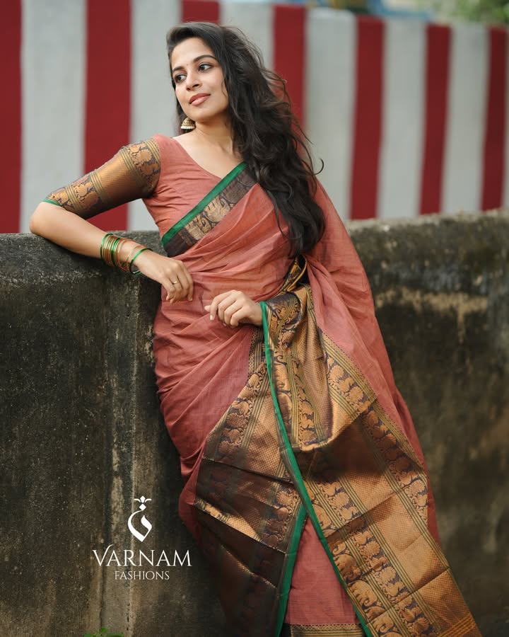 Brick Red With Green Border Kanchi Cotton Saree
