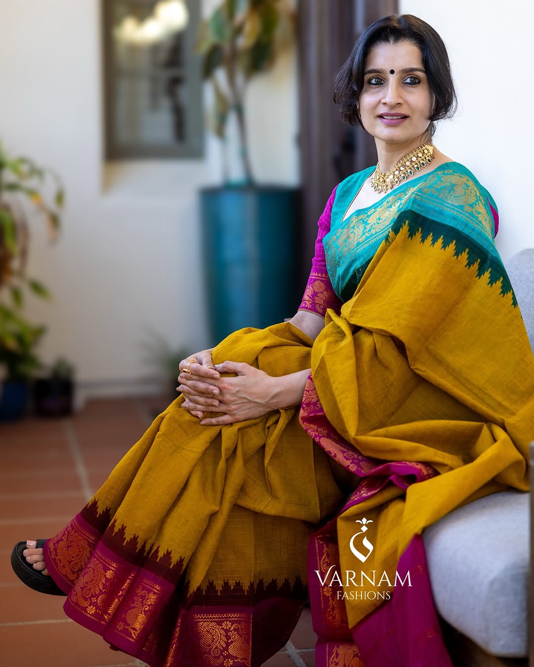 Mustard Sungudi Cotton Saree With Pink & Ramagreen Ganga Jamuna Border