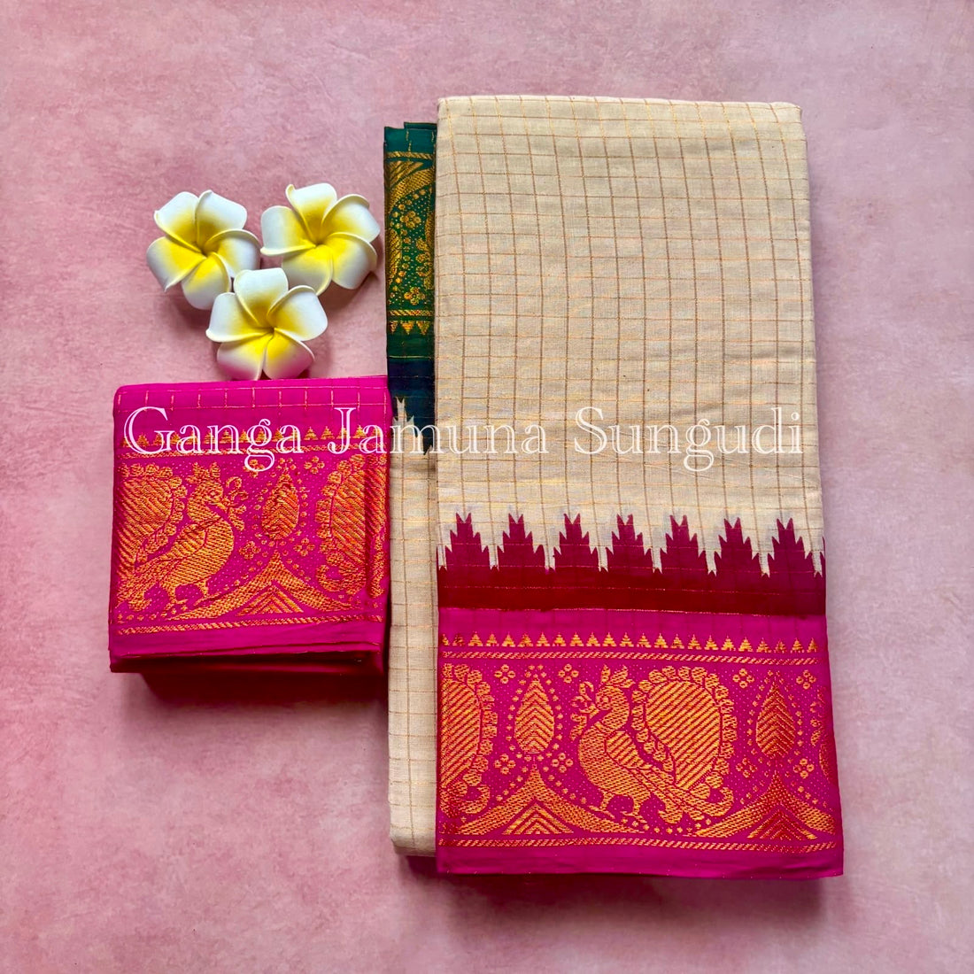 Halfwhite Sungudi Cotton Saree With Pink and Green Ganga Jamuna Border