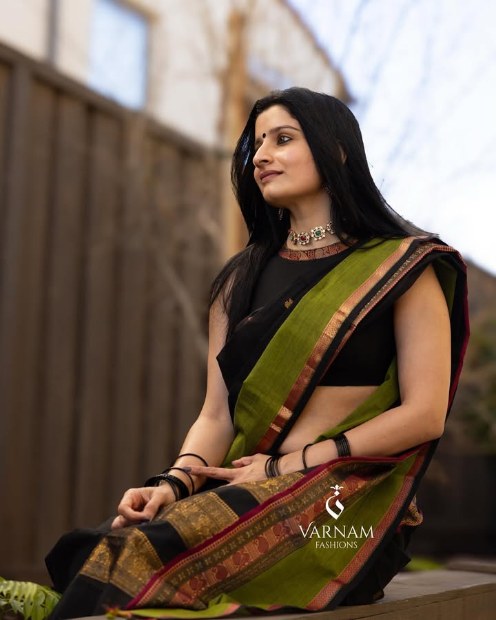 Black With Green Rich Pallu Kanchi Cotton Saree