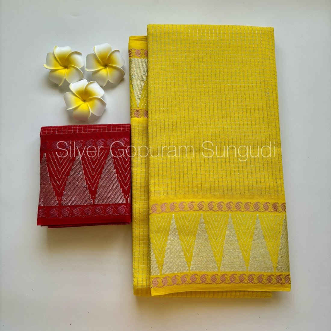 Gopuram Silver Sungudi Cotton Saree