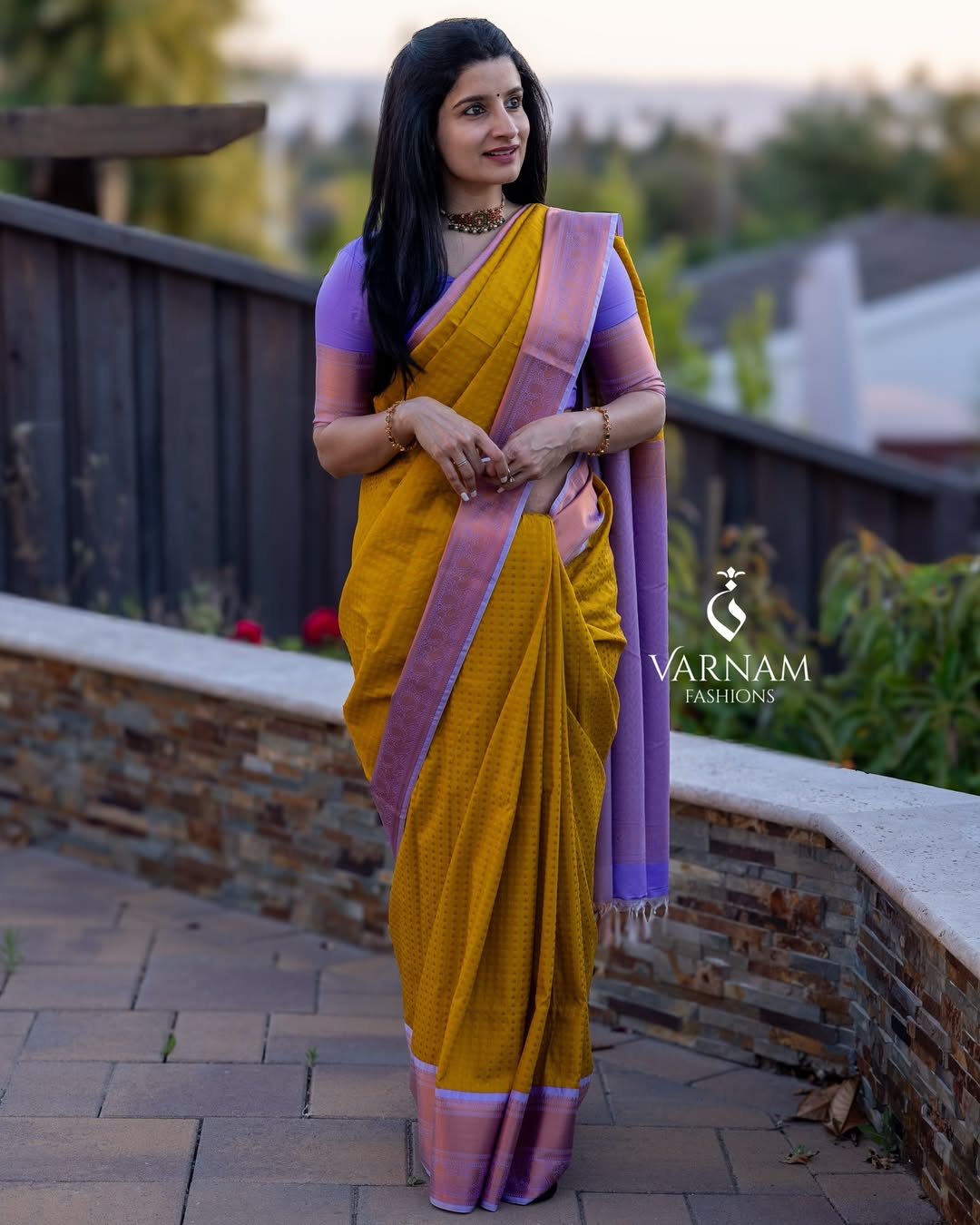 Yellow With Lavender Premium Semi Kanchi Silk Saree