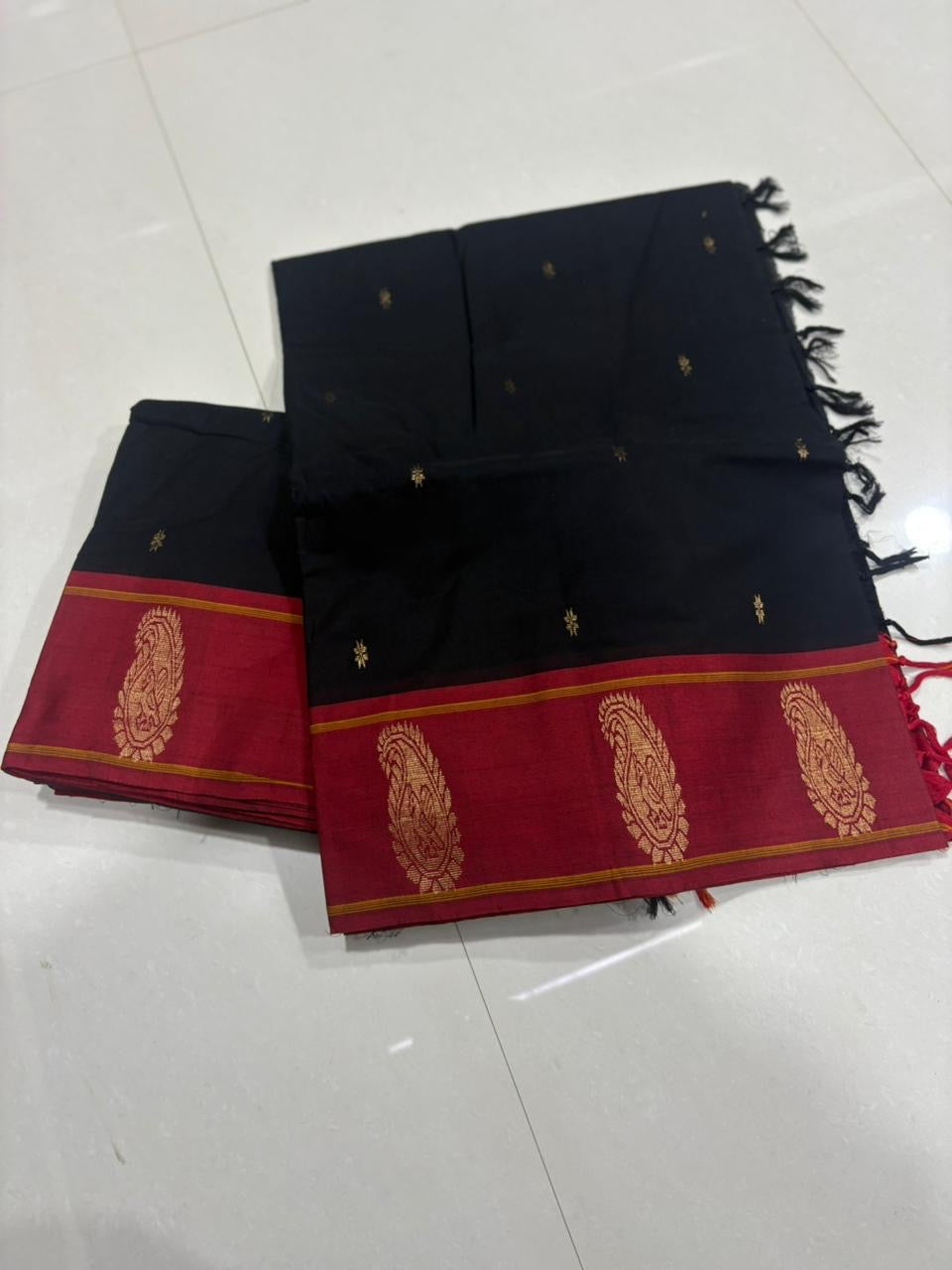 Black With Red Butta Kanchi Cotton Saree