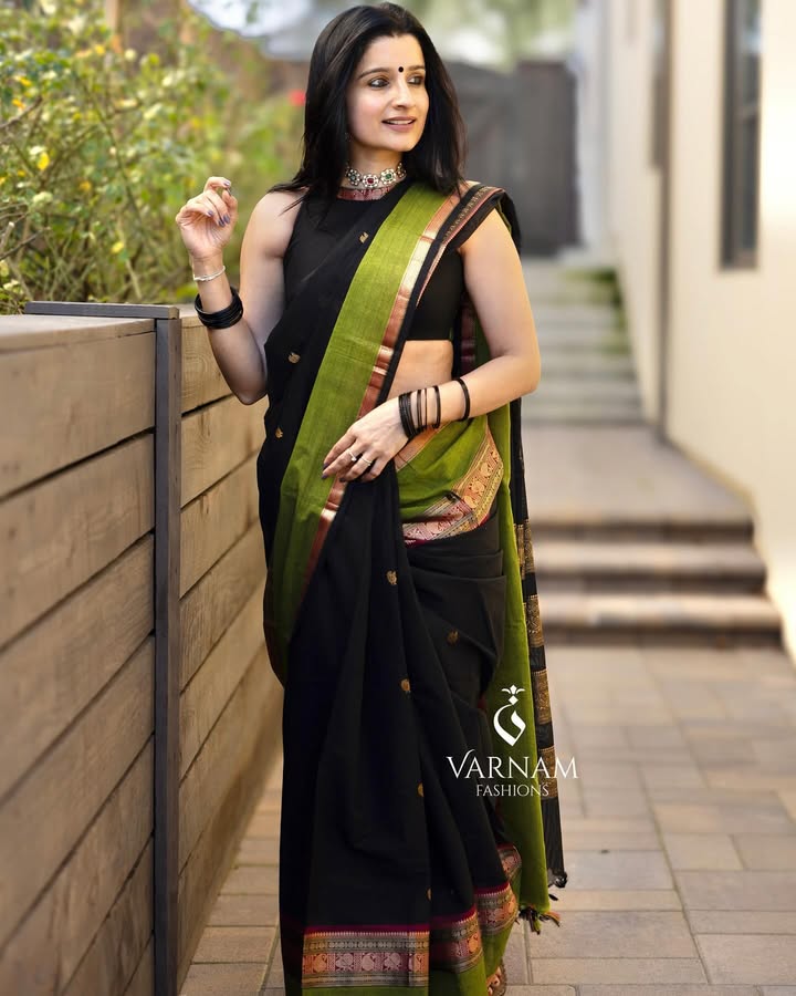 Black With Green Rich Pallu Kanchi Cotton Saree