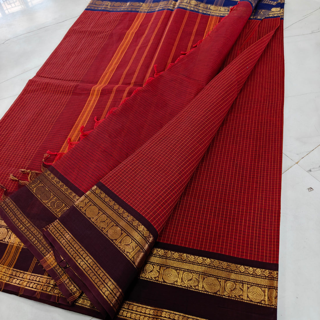 Brick Orange Ganga Jamuna Kanchi Cotton Saree