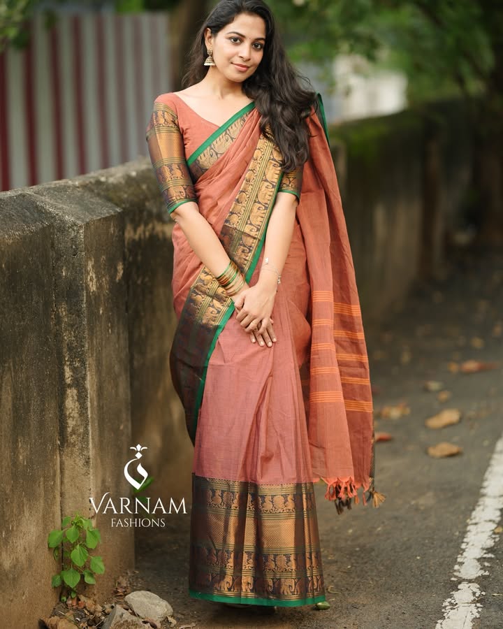 Brick Red With Green Border Kanchi Cotton Saree