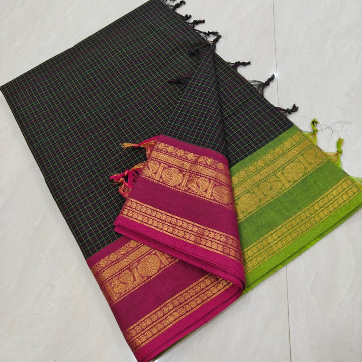 Black Ganga Jamuna Kanchi Cotton Saree with Green and Pink Border