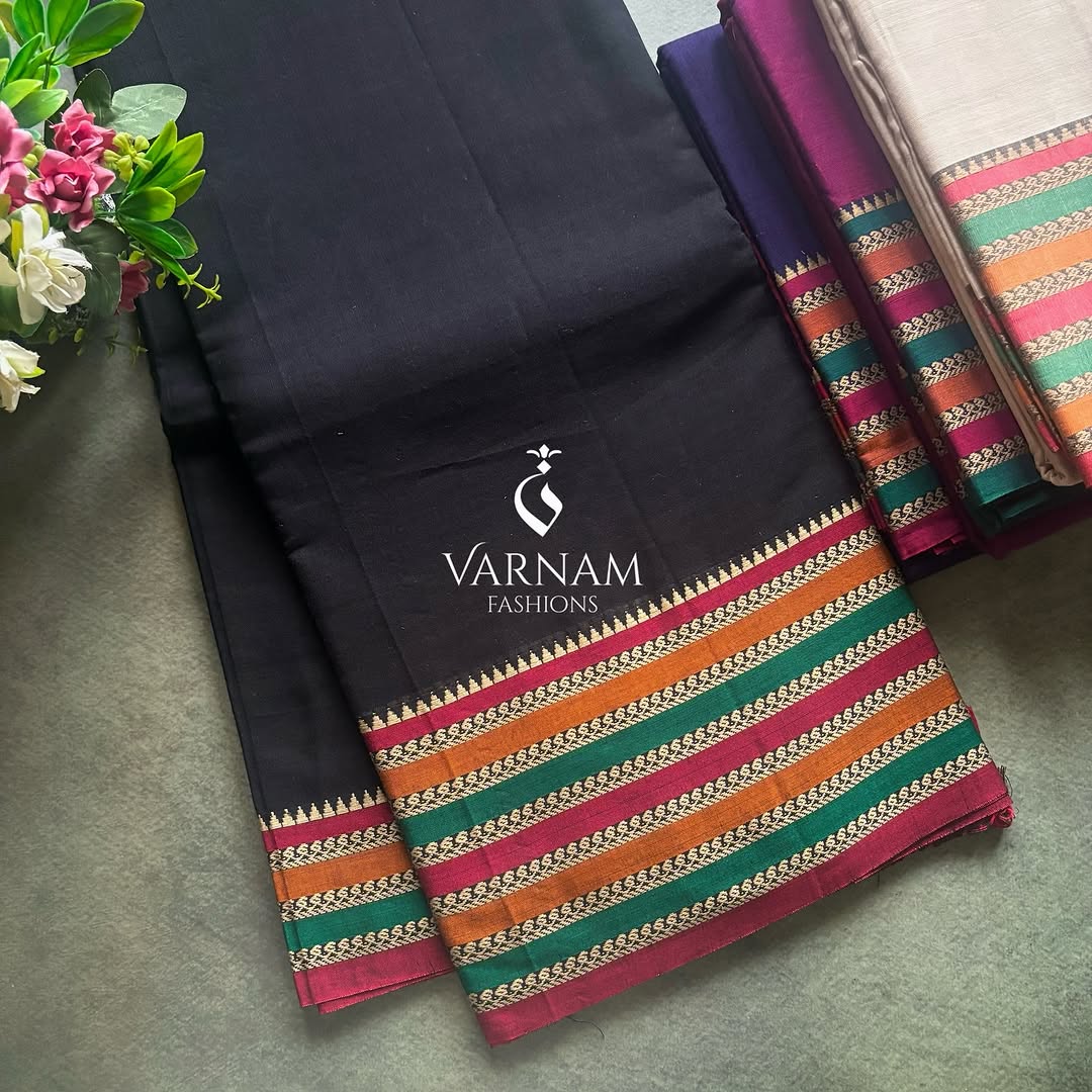 Plain Narayanpet Sarees With Multicolour Border