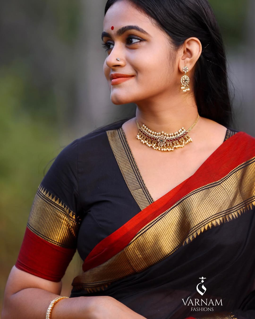 Black with Red Double Border Kanchi Cotton Saree
