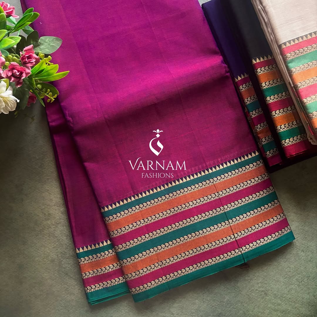 Plain Narayanpet Sarees With Multicolour Border