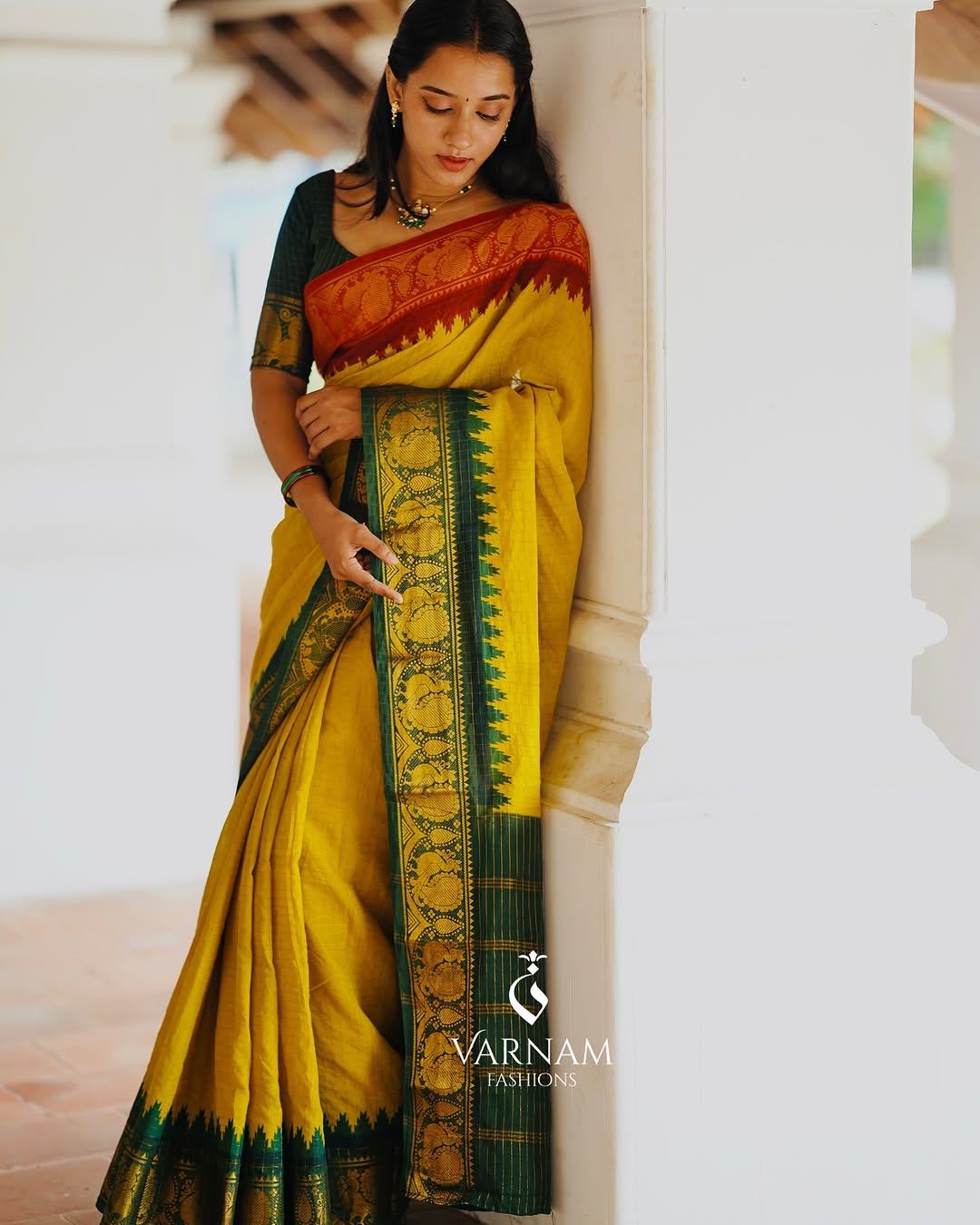 Mustard Ganga Jamuna Sungudi Cotton Saree
