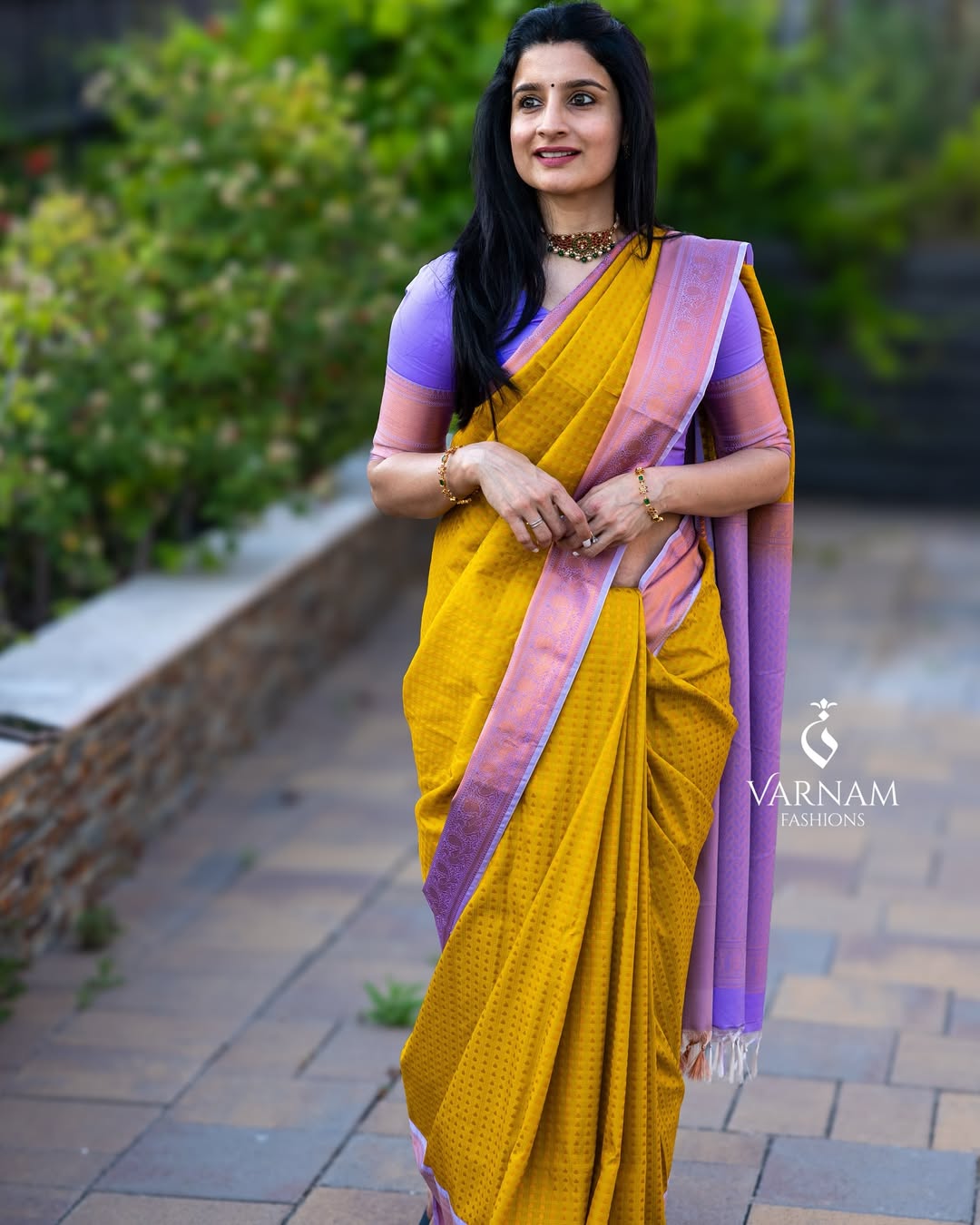 Yellow With Lavender Premium Semi Kanchi Silk Saree
