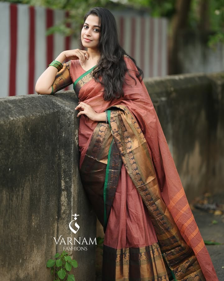 Brick Red With Green Border Kanchi Cotton Saree