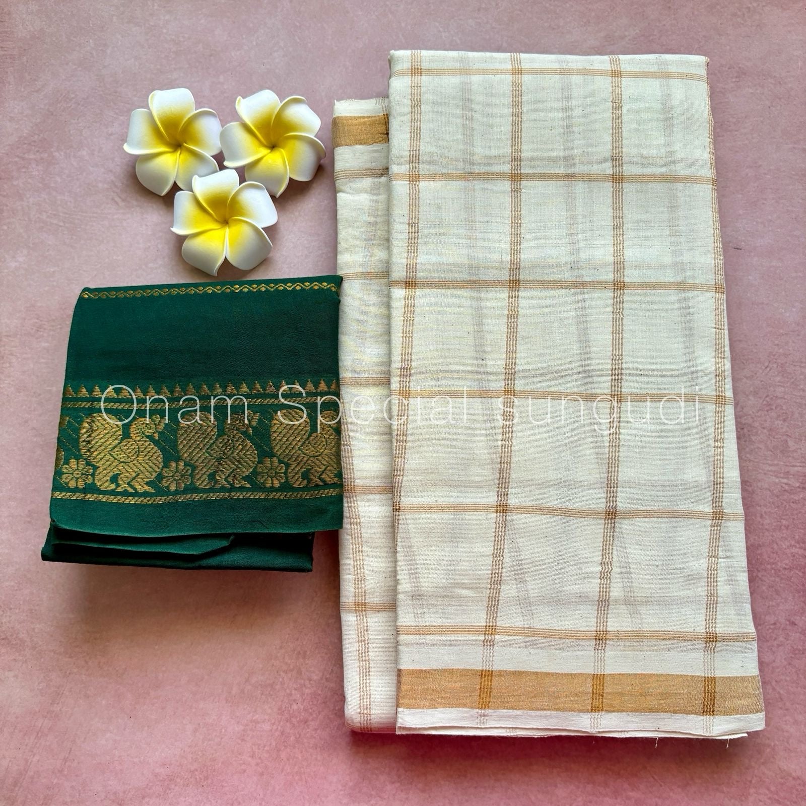 Onam Halfwhite Vanaja Kattam Sungudi Cotton Saree