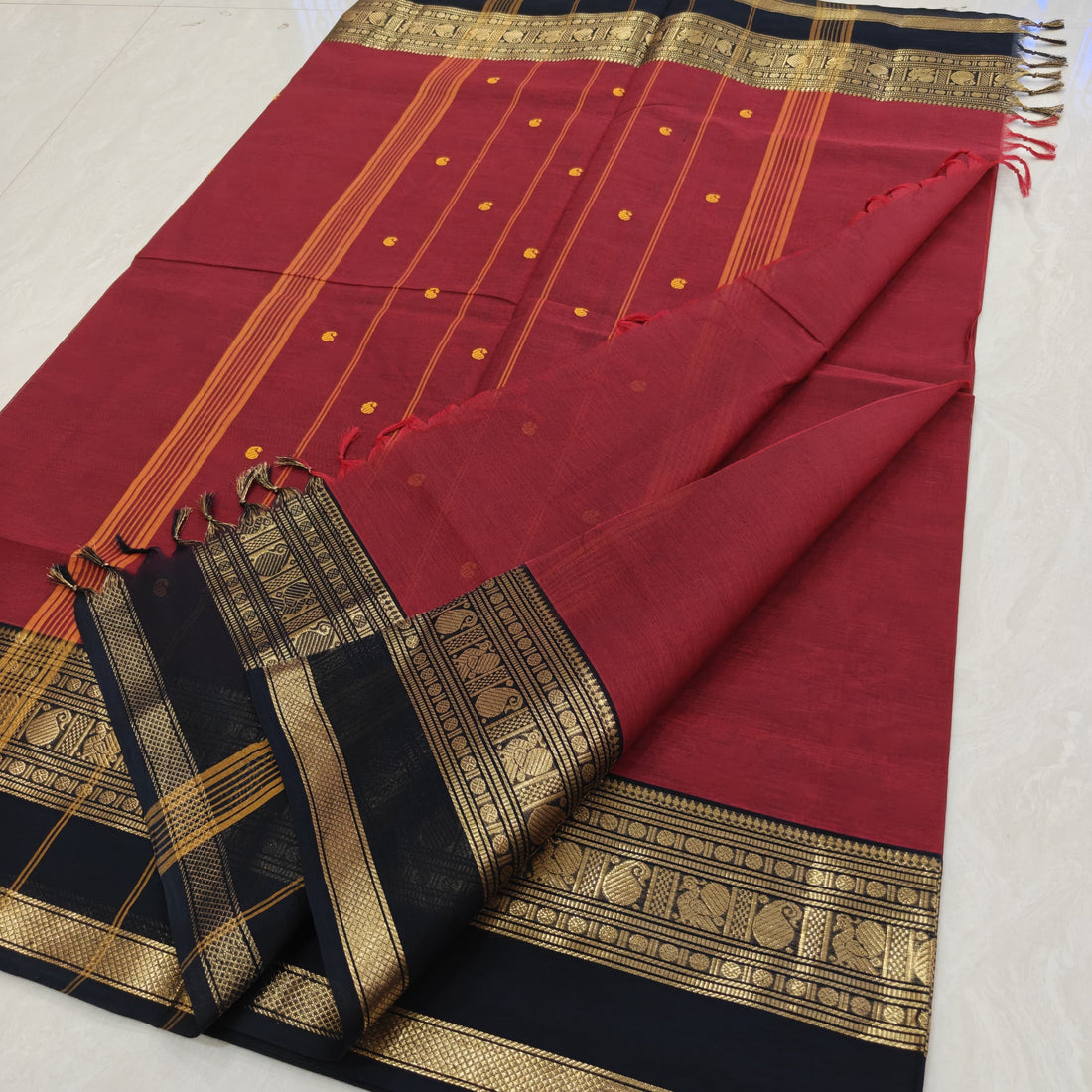 Red With Black Butta Kanchi Cotton Saree